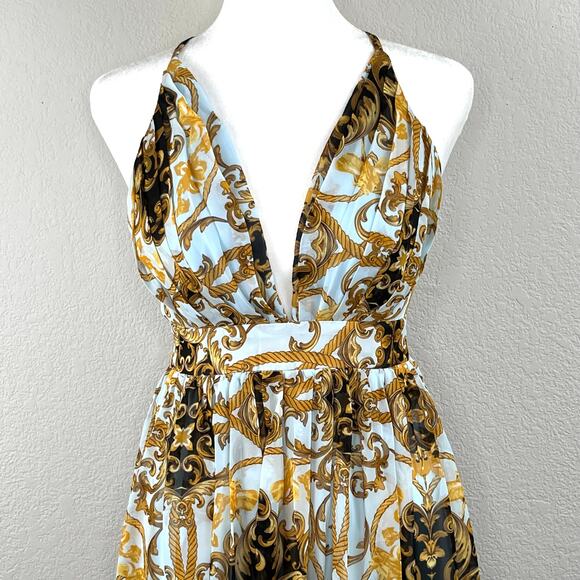 Powder Blue Gold Chiffon Baroque Sleeveless Open Back V-Neck Maxi Dress SM New - Picture 5 of 15